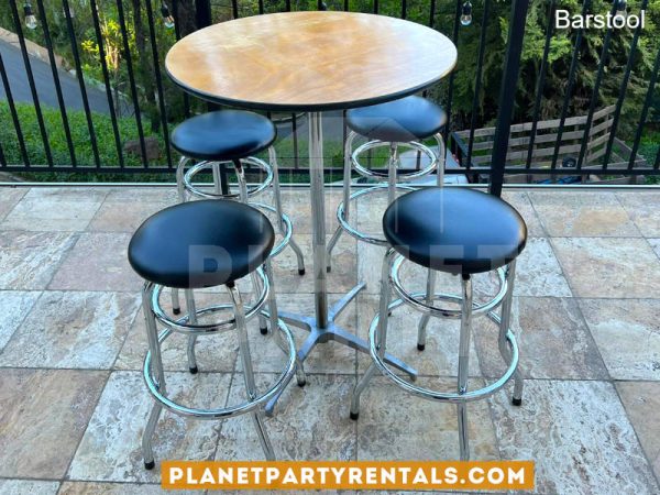 Chrome Barstool with Black Cushion and Wooden Cocktail Table