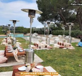Silver Patio Heaters setup for Backyard Event