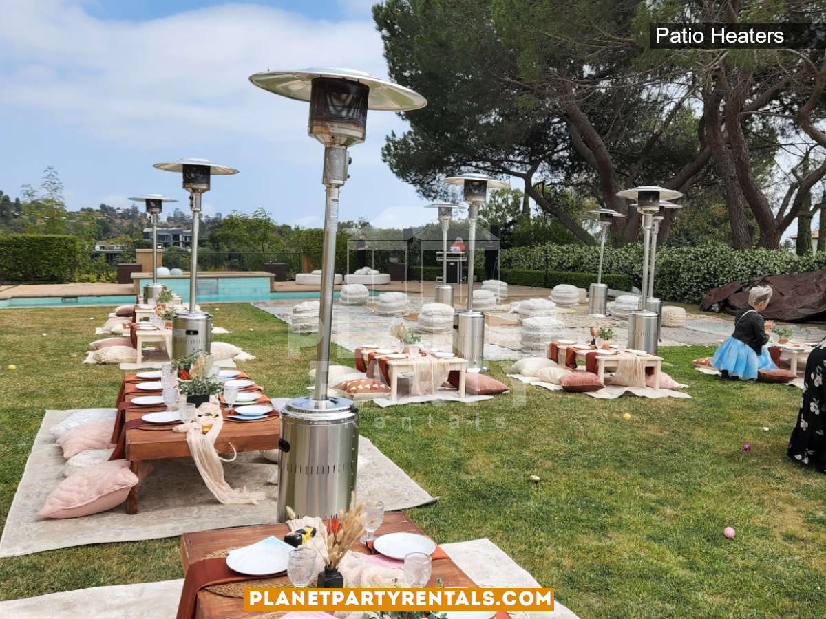 Silver Patio Heaters setup for Backyard Event
