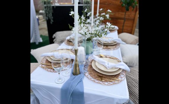 Picnic Event setup with Draped Tent, Pillows, Green Carpet, Wine Cups, Plates, Utensils, Tablecloths and Wooden Backdrop