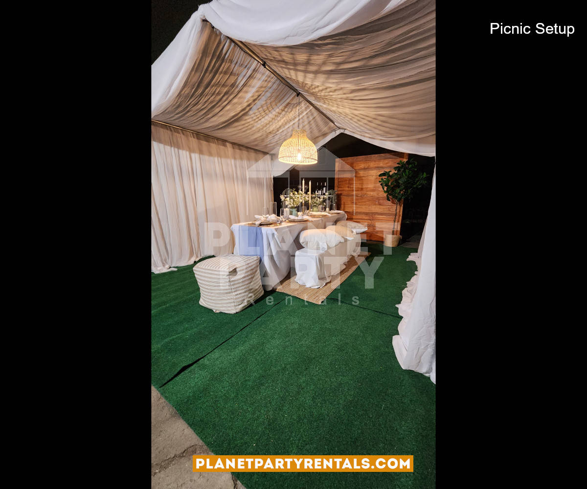 Picnic Event setup with Draped Tent, Pillows, Green Carpet, Tablecloths and Wooden Backdrop