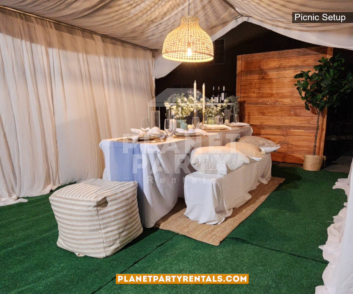 Picnic Event setup with Draped Tent, Pillows, Green Carpet, Tablecloths and Wooden Backdrop