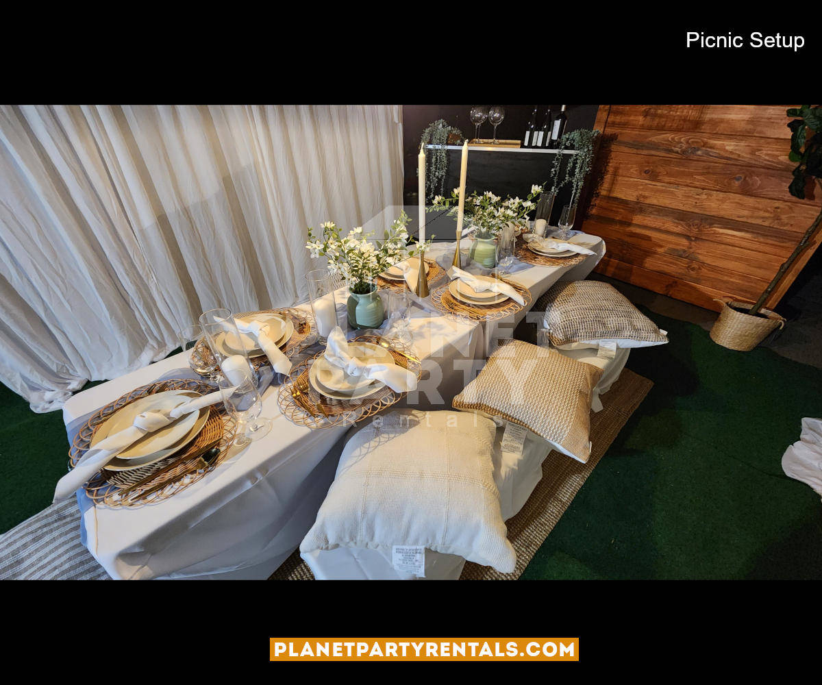 Picnic Event setup with Draped Tent, Pillows, Green Carpet, Tablecloths and Wooden Backdrop